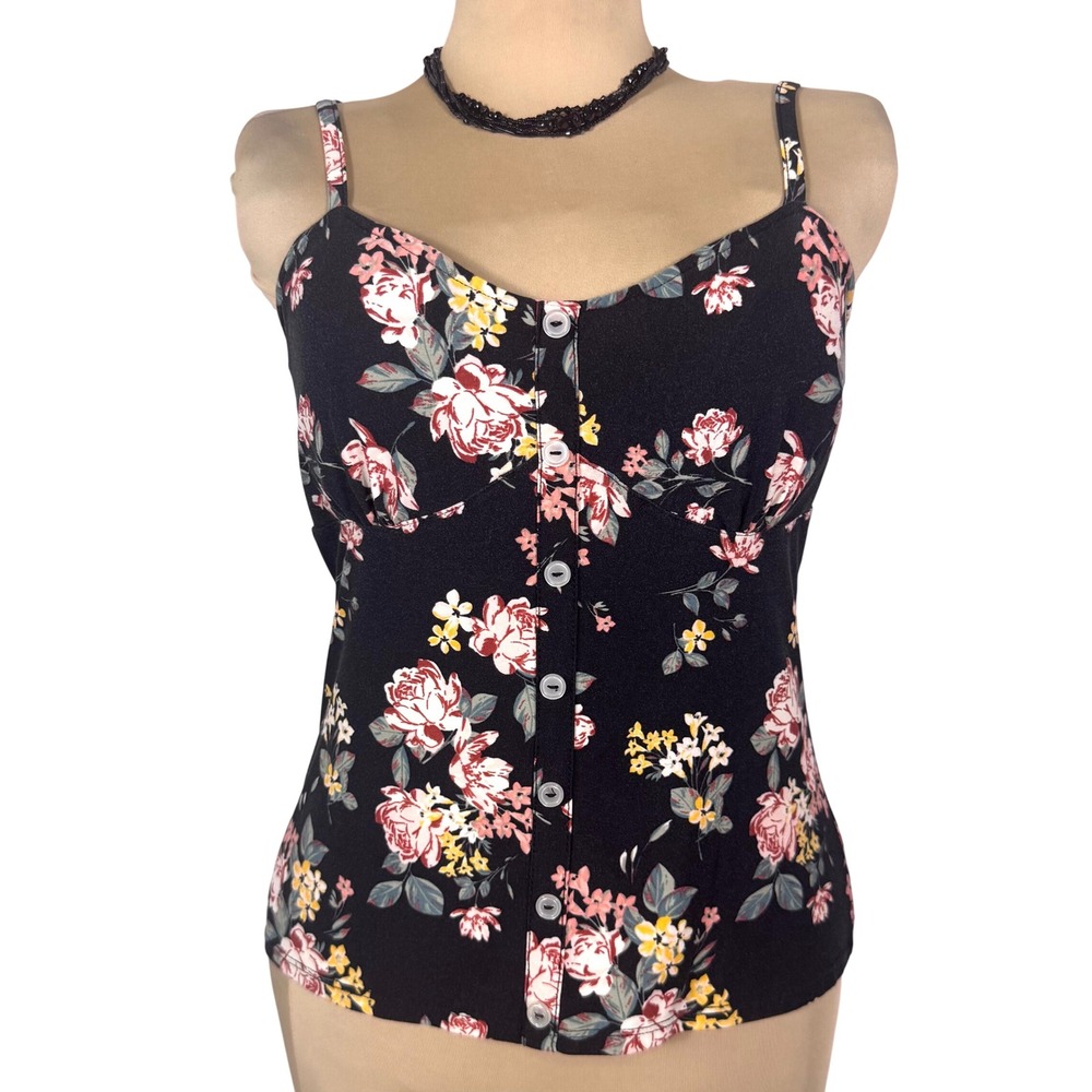 No Boundaries Floral Button Front Cami Tank Top Black Rose Print Juniors L 11-13 - Picture 1 of 10